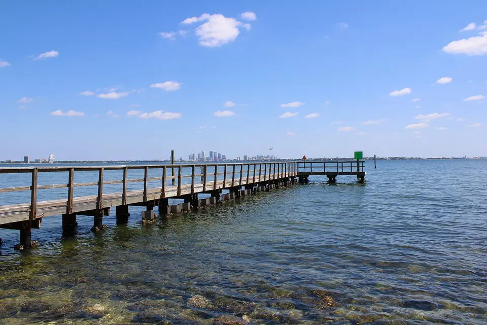 The Tampa skyline seen across the bay from the Ballast Point Park pier
